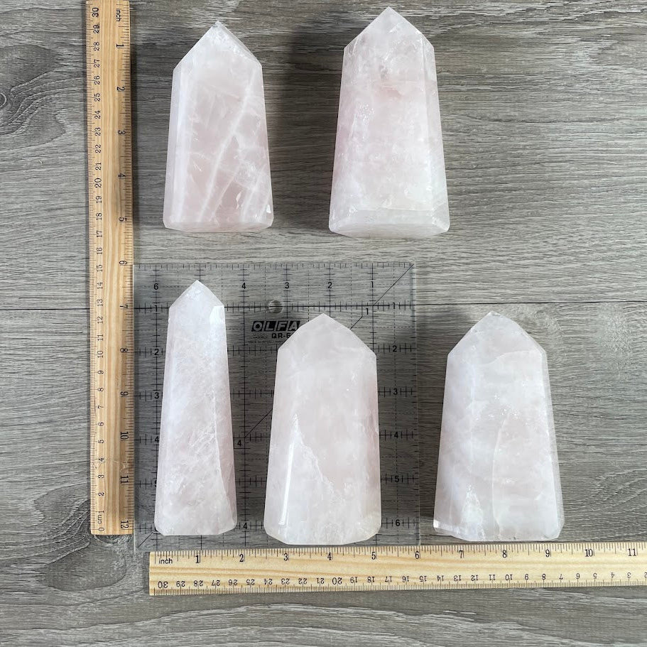Rose quartz crystal obelisks for emotional healing and décor use