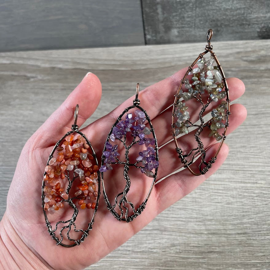 Large bronze tree of life pendants with assorted gemstones