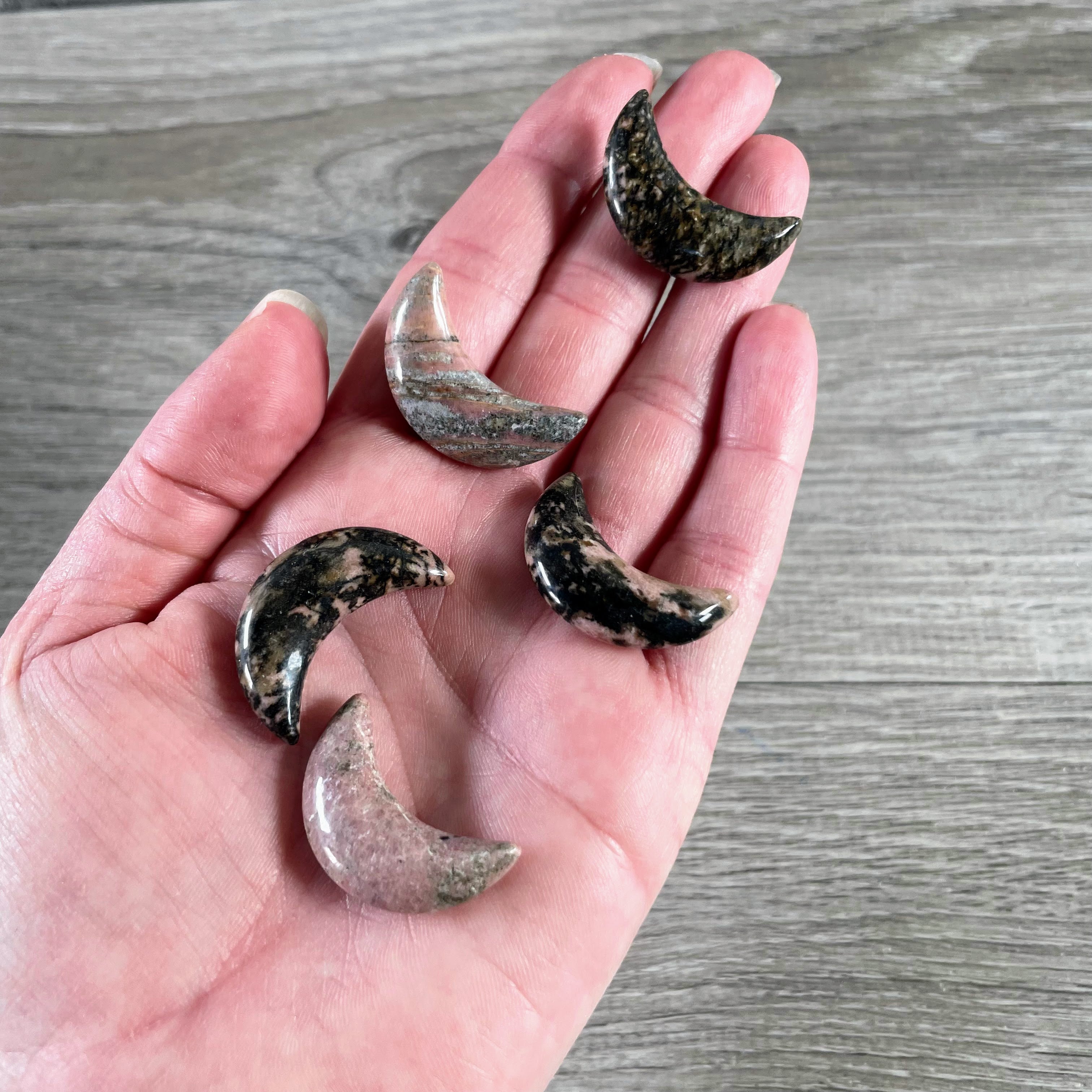 Rhodonite gemstone crescent moon crystals in bulk lots