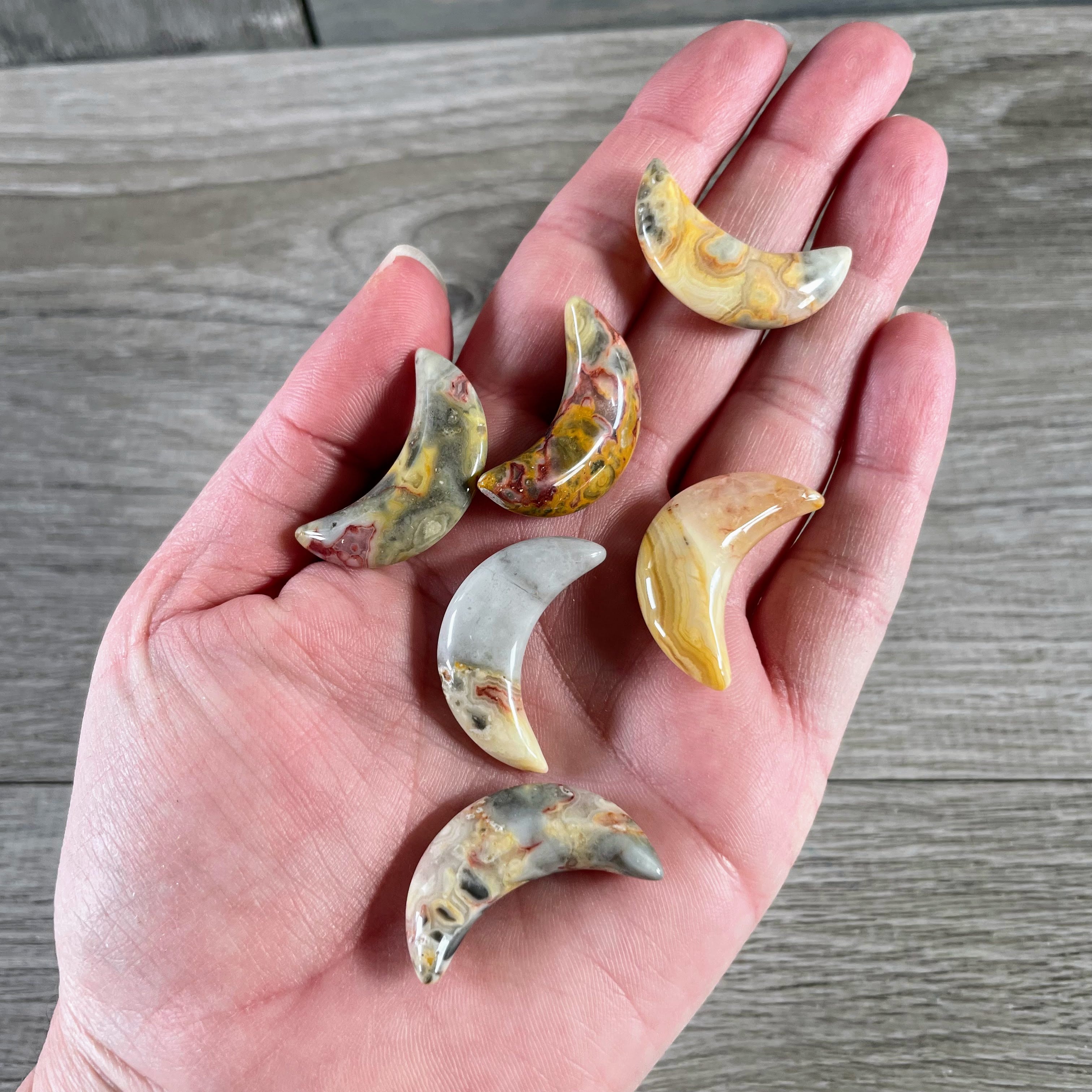 Crazy Lace Agate gemstone crescent moons, bulk