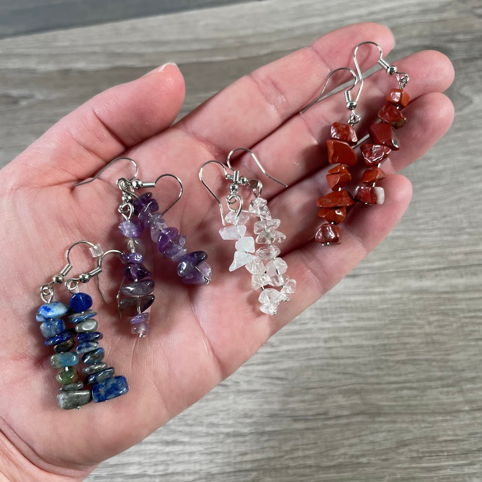Gemstone chip dangle earrings with assorted crystal stones for boutique jewelry displays