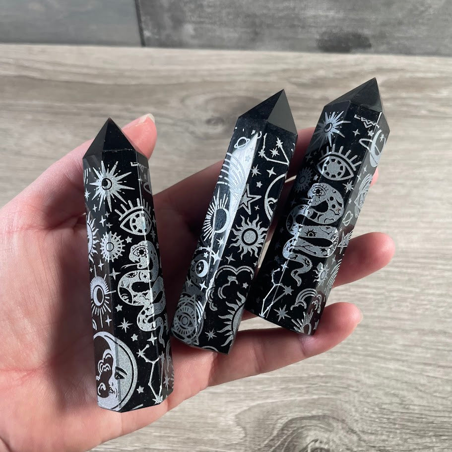 Black Obsidian Etched Obelisk – Assorted Styles