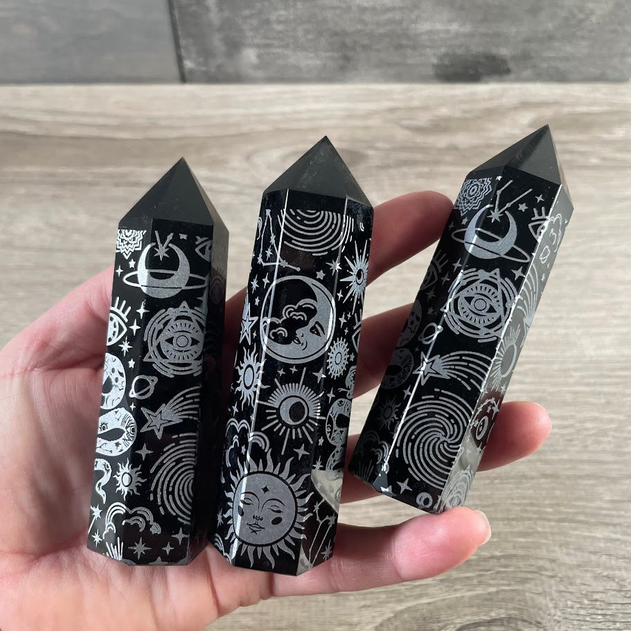Black Obsidian Etched Obelisk – Assorted Styles