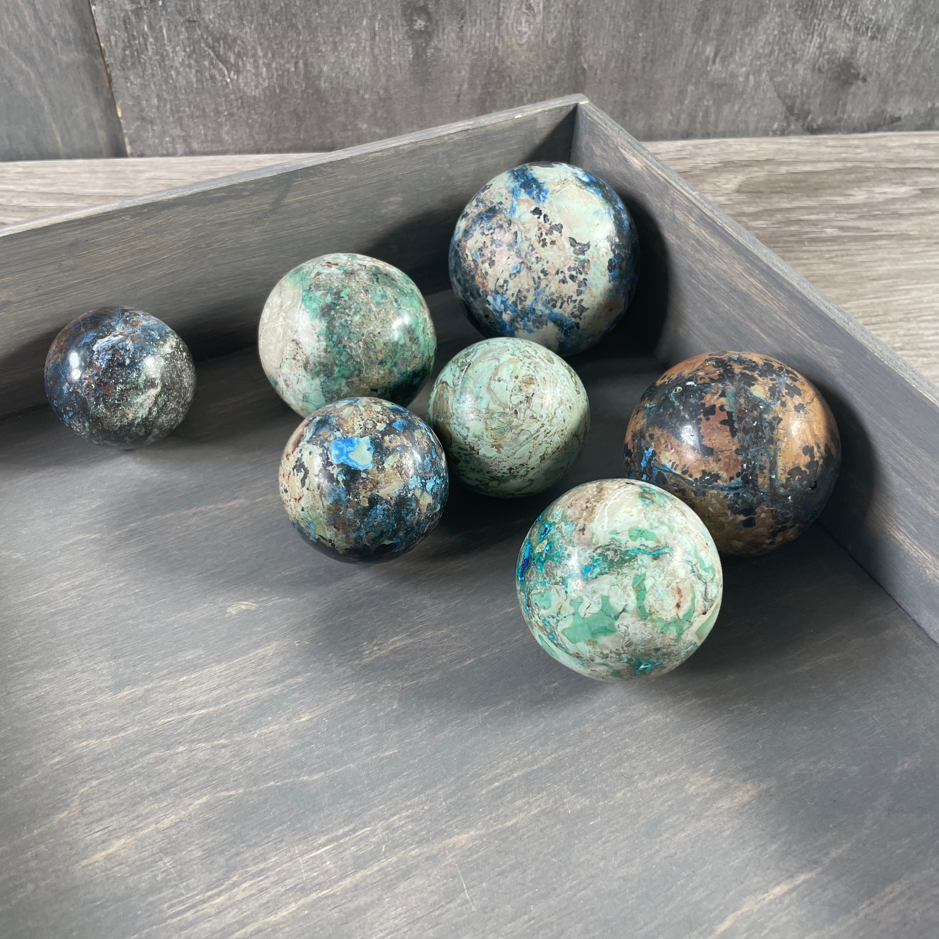 Azurite spheres for crystal shops and metaphysical stores