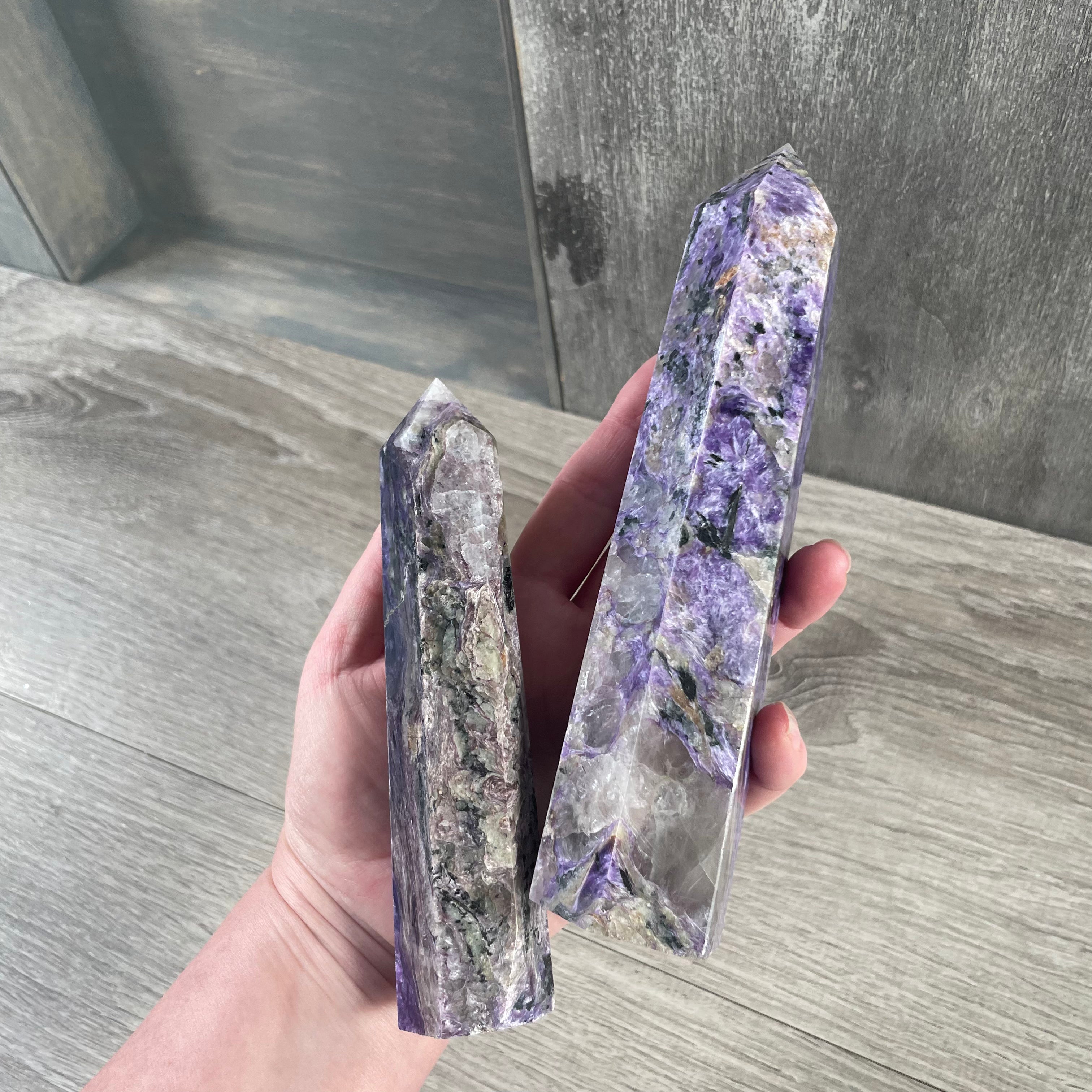Bulk charoite gemstone obelisks for metaphysical stores