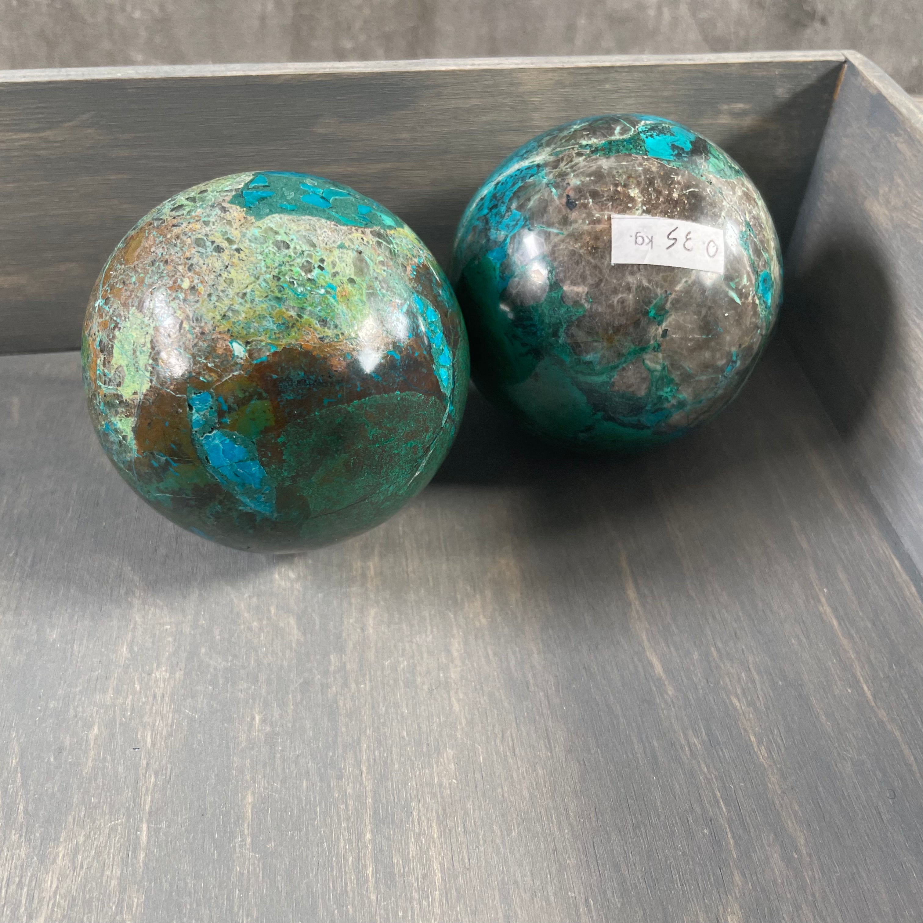 Hand-polished Chrysocolla spheres perfect for crystal collectors