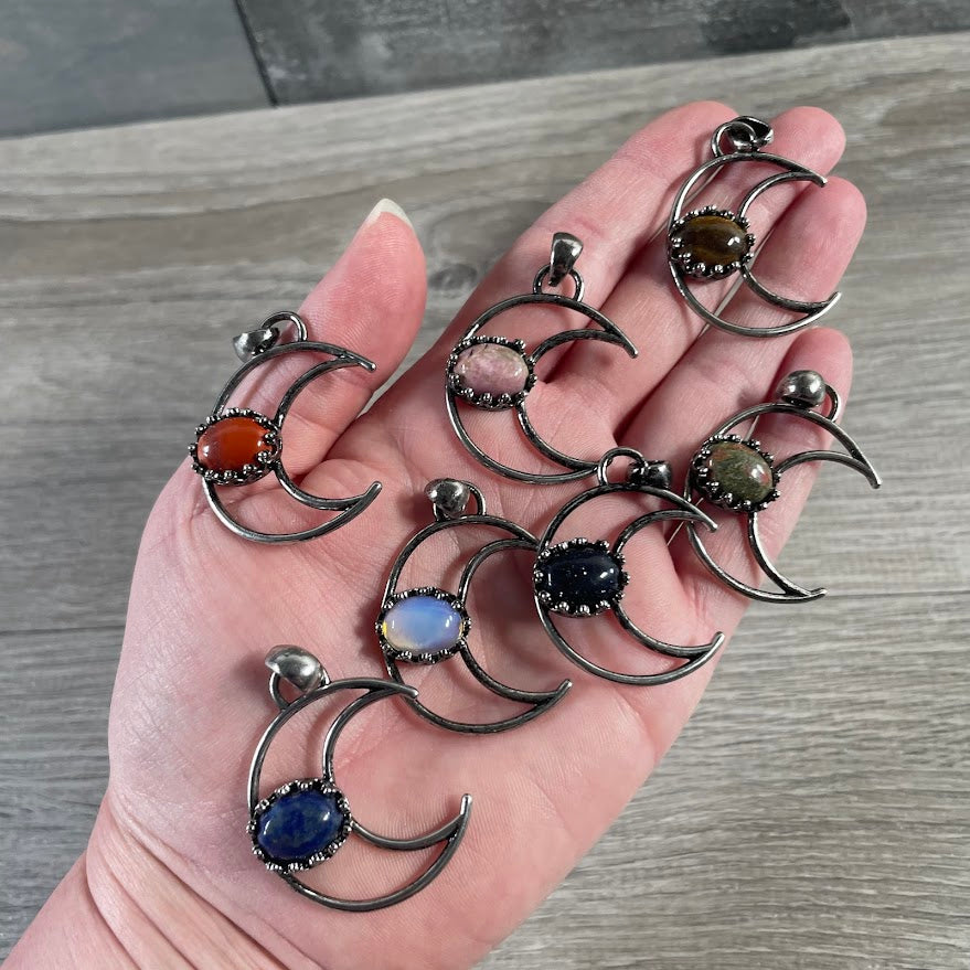 Moon Pendant Necklace – Gunmetal or Silver with Crystal