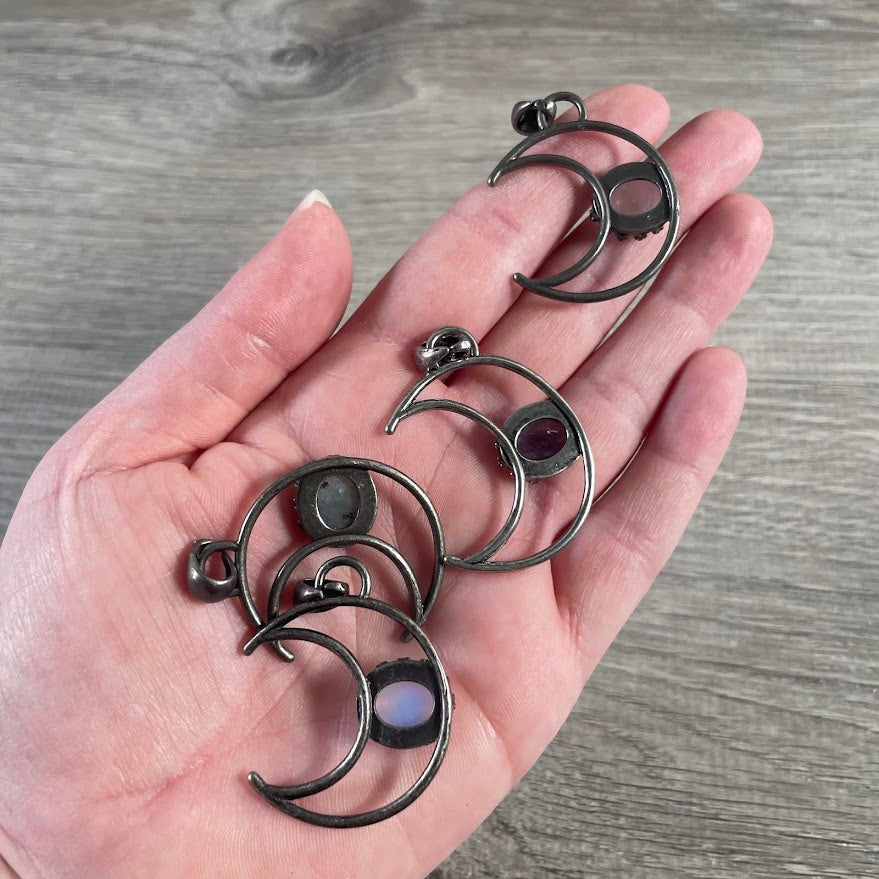 Moon Pendant Necklace – Gunmetal or Silver with Crystal