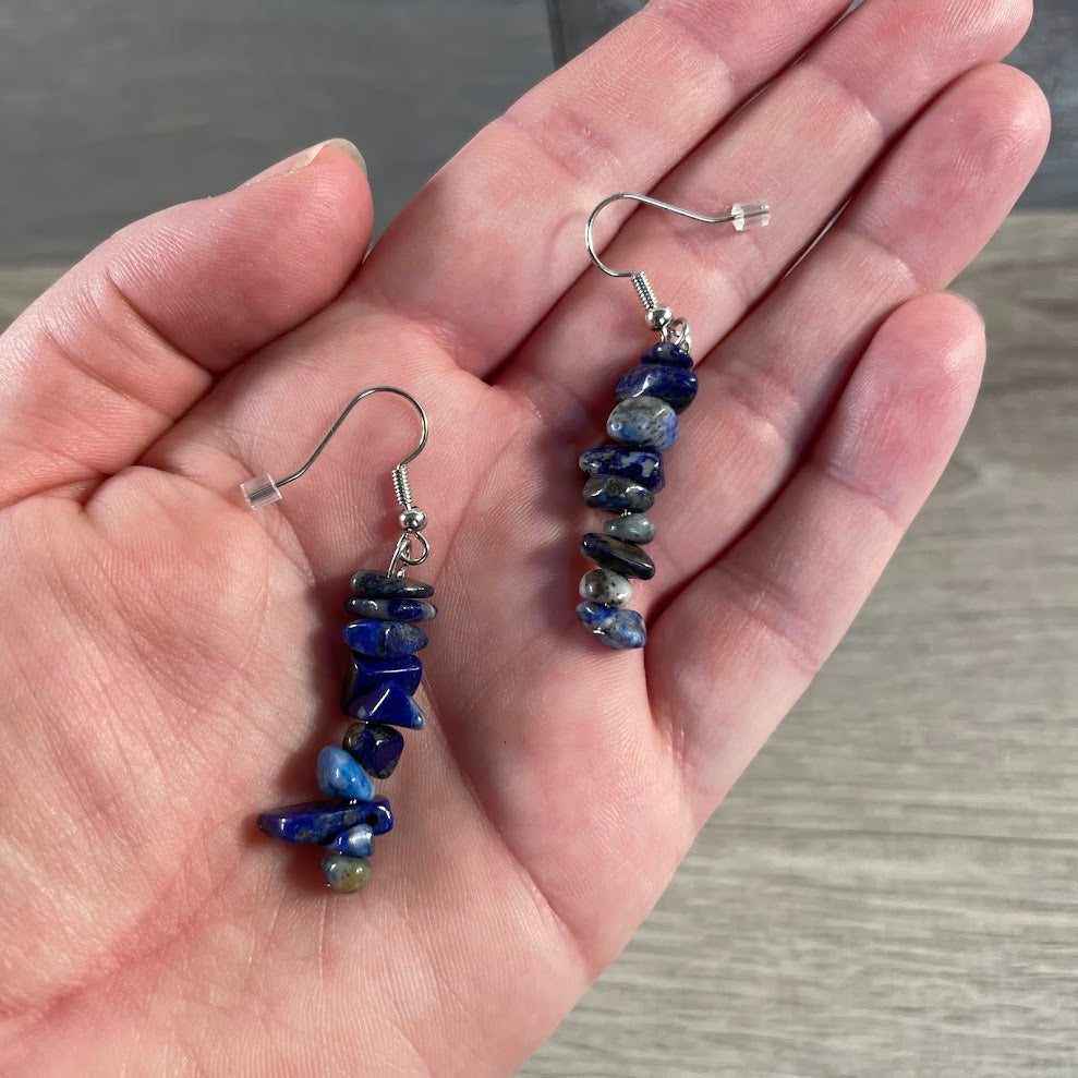 Lapis lazuli natural stone chip earrings in a dangling crystal jewelry style