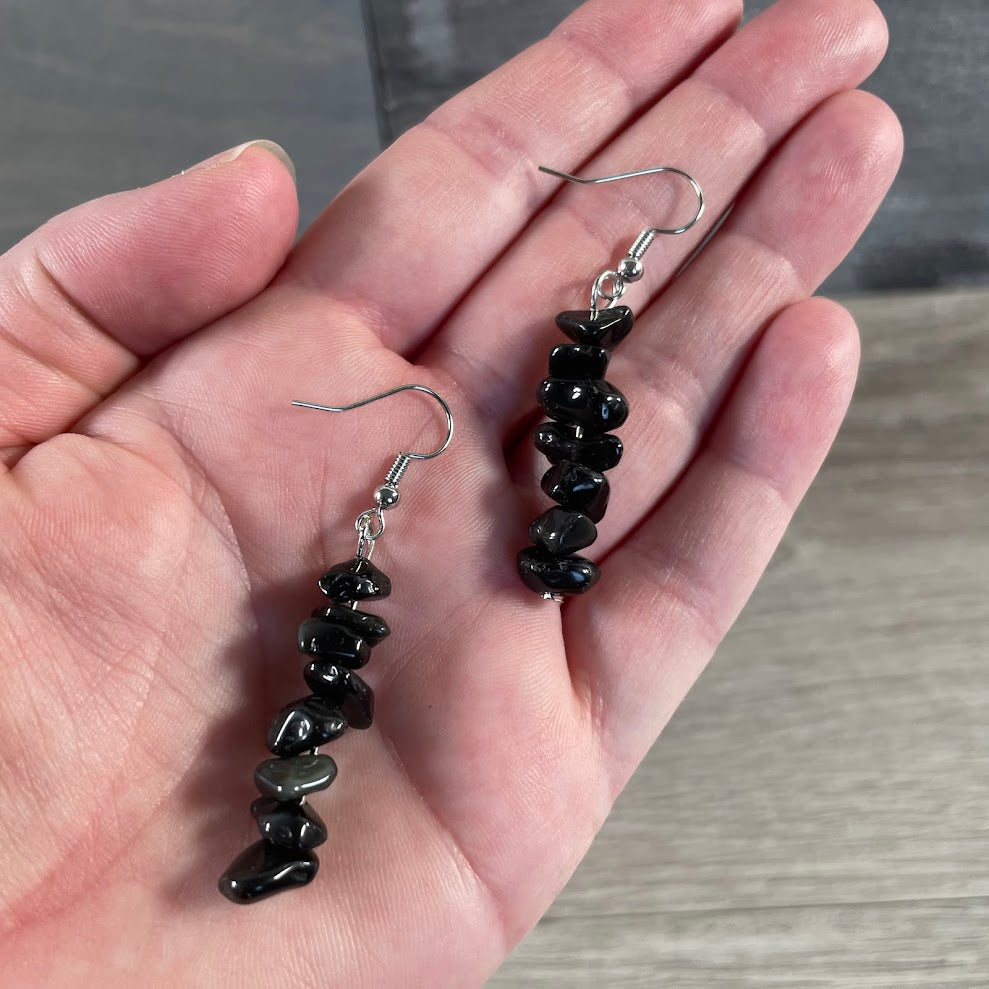 obsidian crystal jewelry dangle earrings with gemstone chips