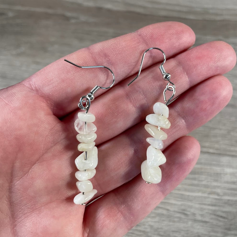 moonstone stone chip dangle earrings for boho and spiritual gift shops