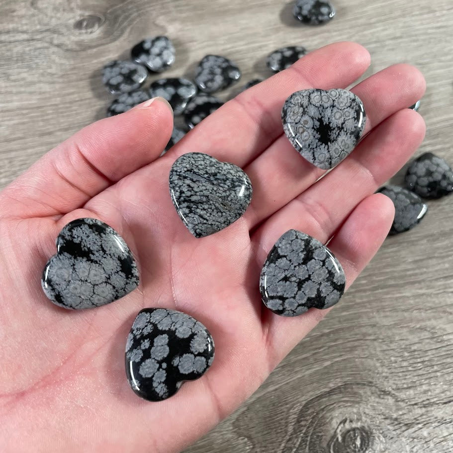 snowflake obsidian polished crystal heart carvings for metaphysical shops