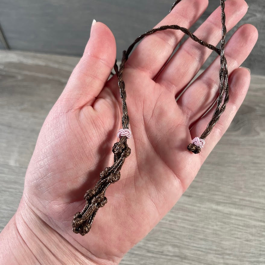 Brown macrame gemstone holder necklace for tumbled stones