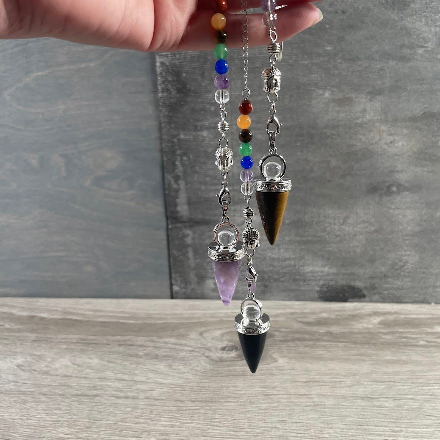 Assorted chakra gemstone pendulums with Ohm symbol for wholesale
