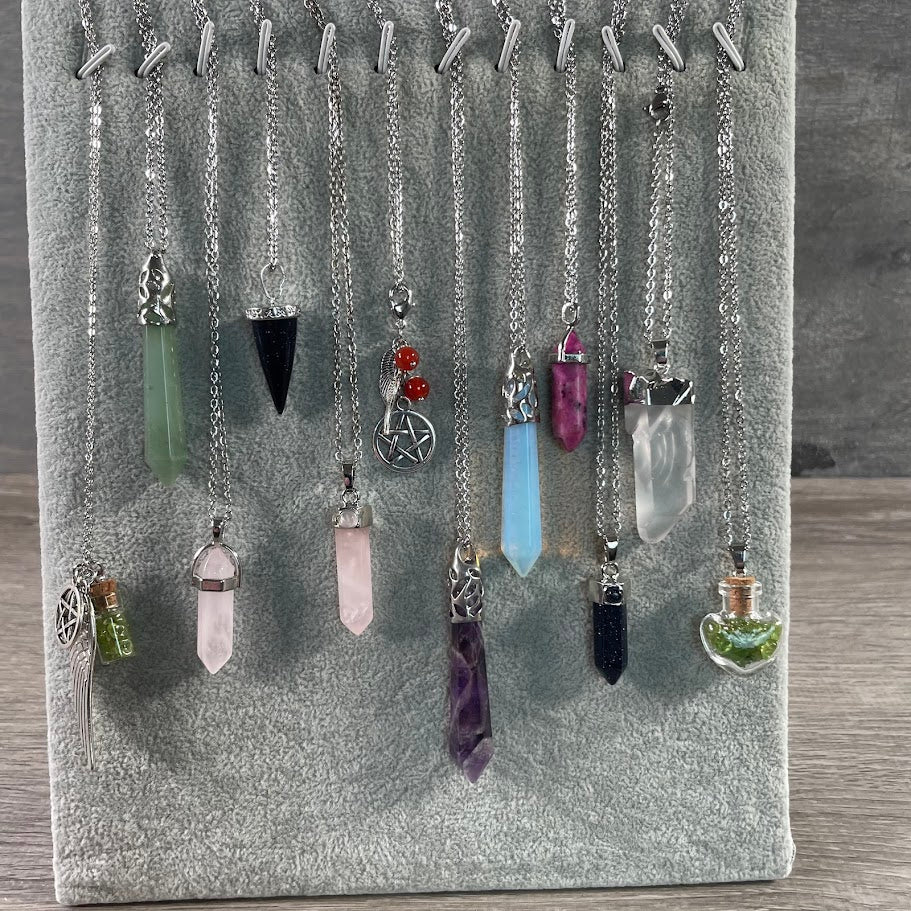 Assorted gemstone pendants with stainless steel chain for wholesale