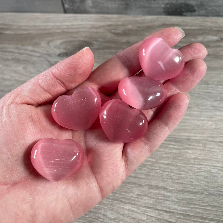 Pink cat’s eye gemstone heart wholesale for gift shops and metaphysical stores