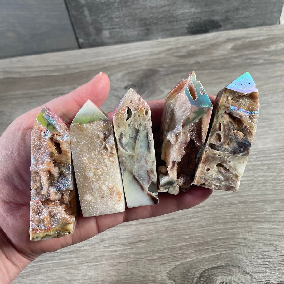 iridescent aura sphalerite crystal point with drusy sparkle