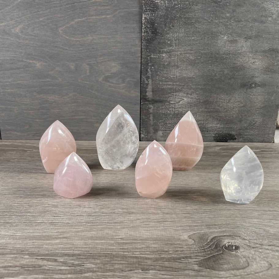 Clear quartz and rose quartz boho flame decor for metaphysical shops