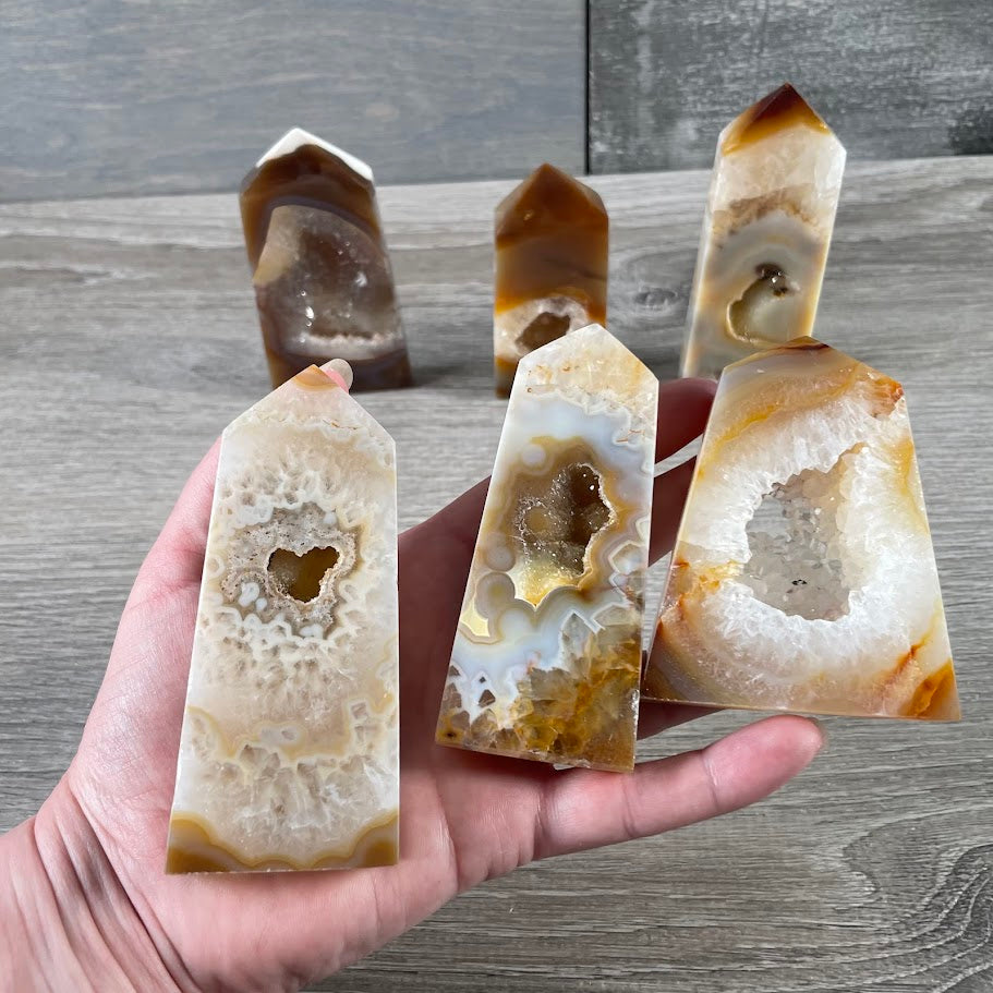 Polished carnelian energy tower with druzy for gift shop