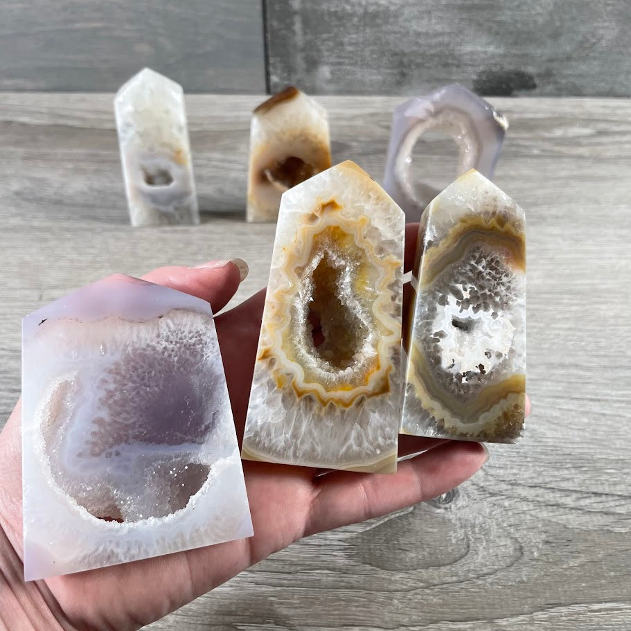 Flat druzy agate point obelisks for crystal retailers