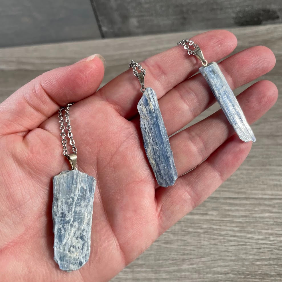 Raw blue kyanite crystal pendant necklace for rock shops