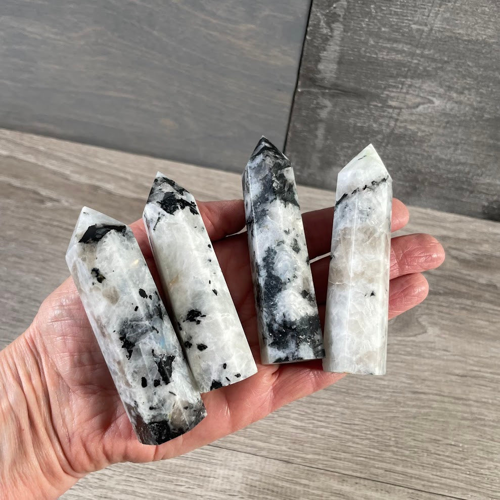 rainbow moonstone crystal towers for altar meditation and energy work