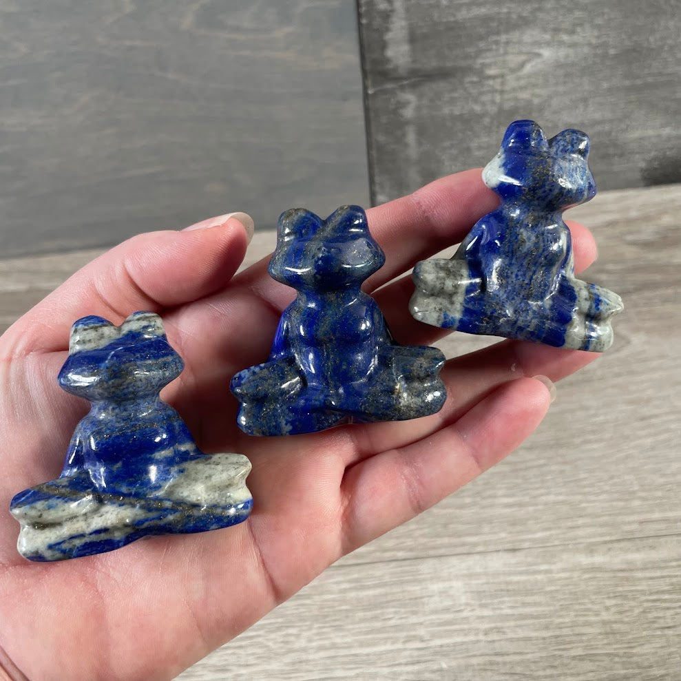 Lapis Lazuli carved gemstone frog in meditation pose for wellness and gift shops