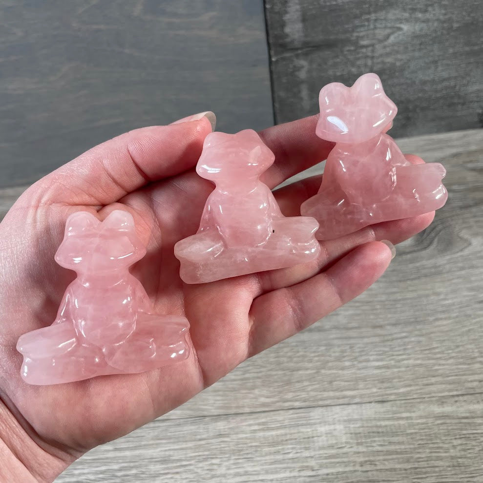Medium crystal frog figurine carved from rose quartz crystal for gift shop stores