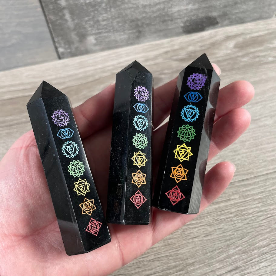 wholesale black obsidian engraved chakra obelisk for crystal shops