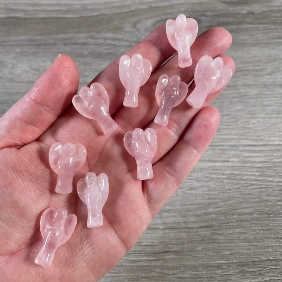 Rose quartz mini crystal angel carvings made from natural gemstones