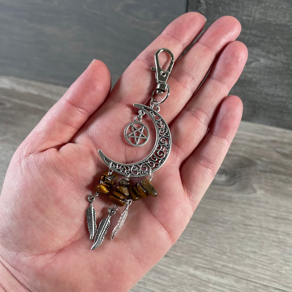 tiger eye celestial crescent moon keychains with dream catcher details
