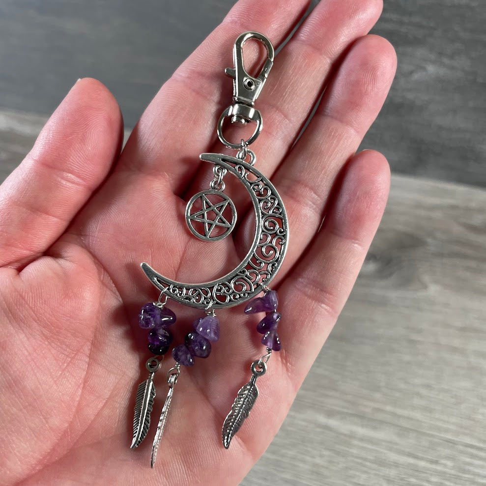 amethyst spiritual dream catcher keychains with moon charm design