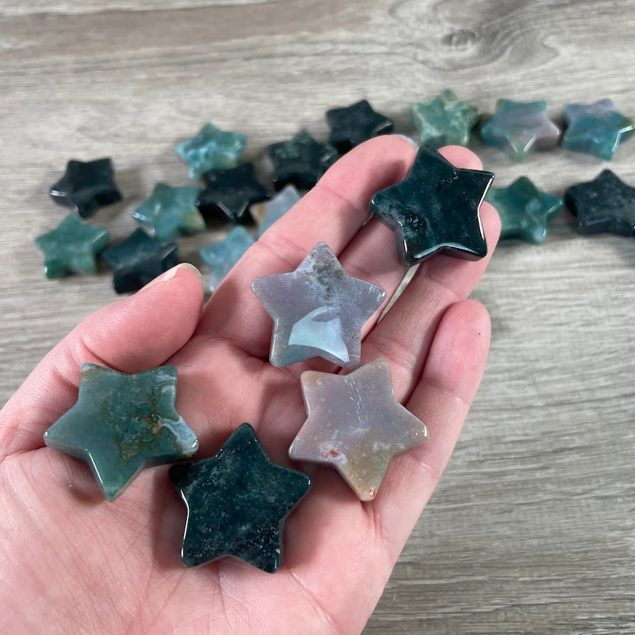 Moss agate metaphysical star carvings - bulk