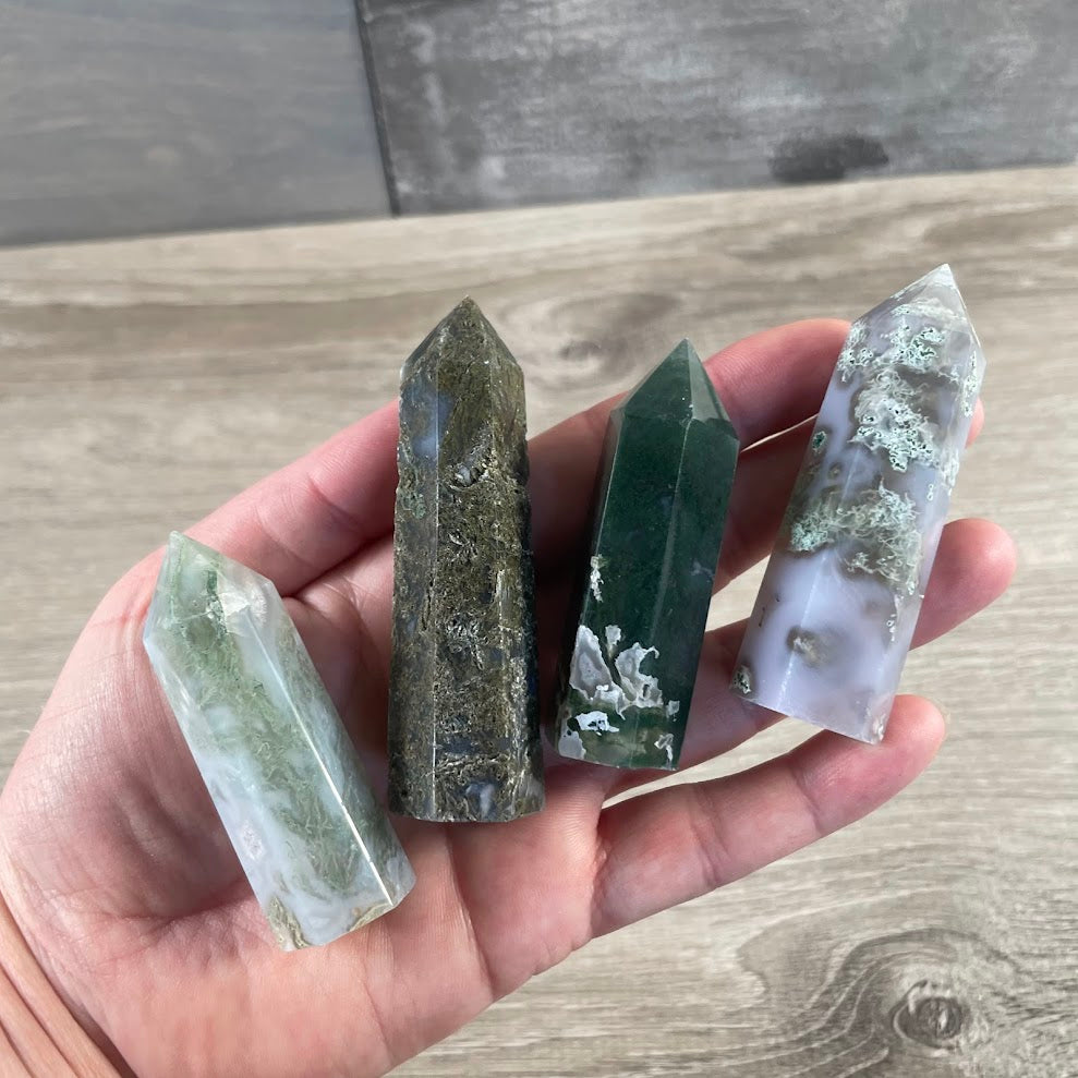 moss agate gemstone point tower for crystal grids layout
