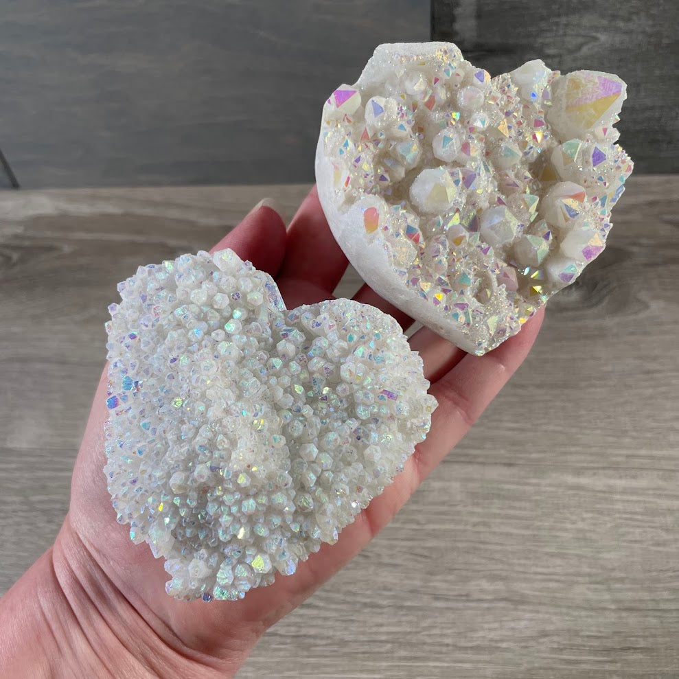 Rainbow aura quartz heart shaped crystal cluster for altar decor and crystal gifts