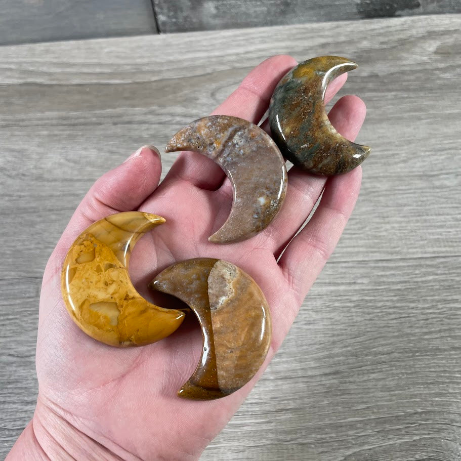 jasper polished gemstone crescent moon crystal carvings in assorted natural stones