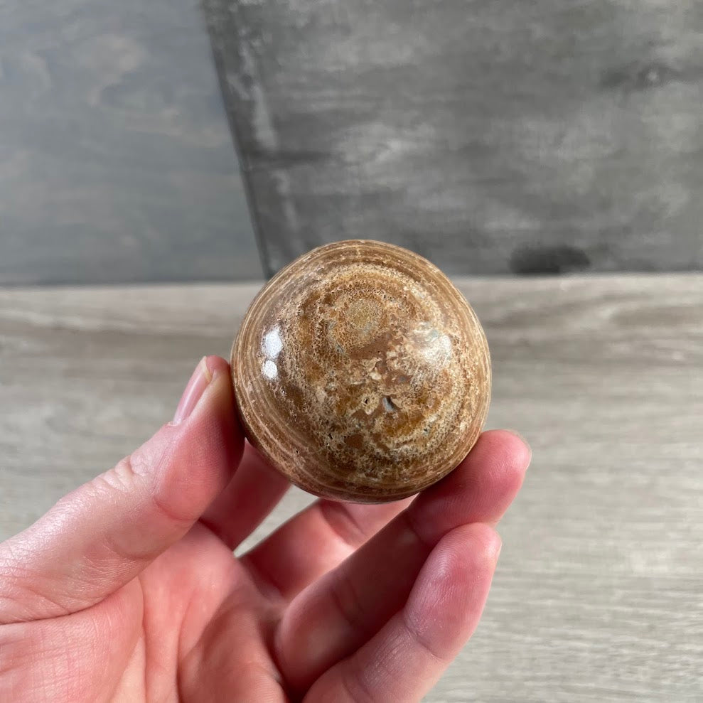 Brown and cream Aragonite sphere with natural earthy gemstone markings