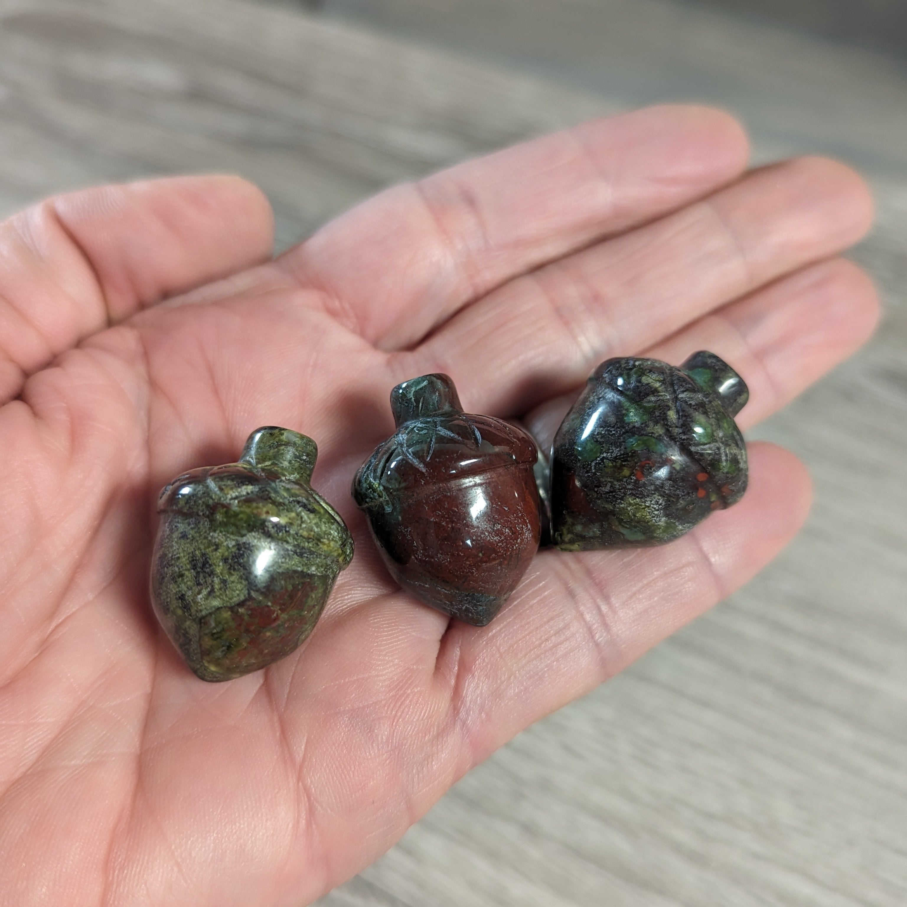 African bloodstone crystal acorn totems for retail