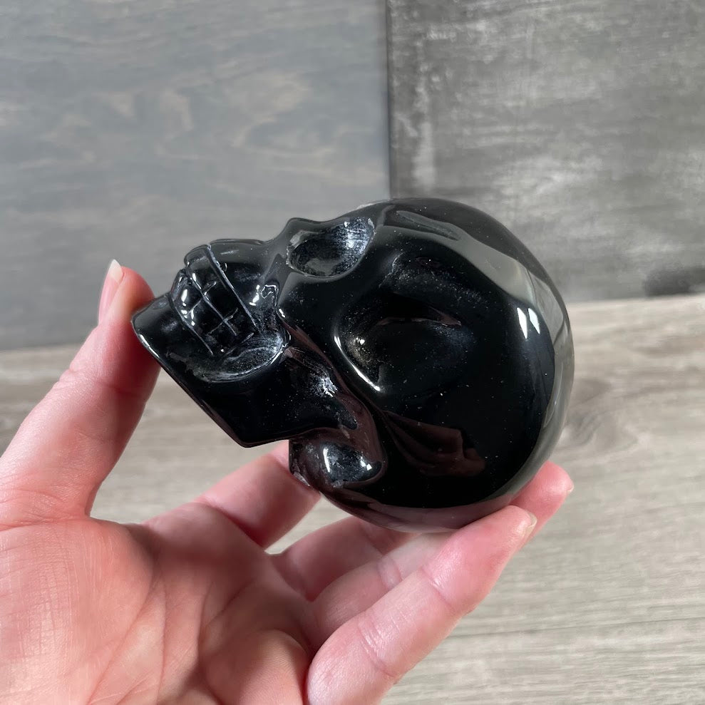 Black obsidian crystal skull carving for altar or gothic decor