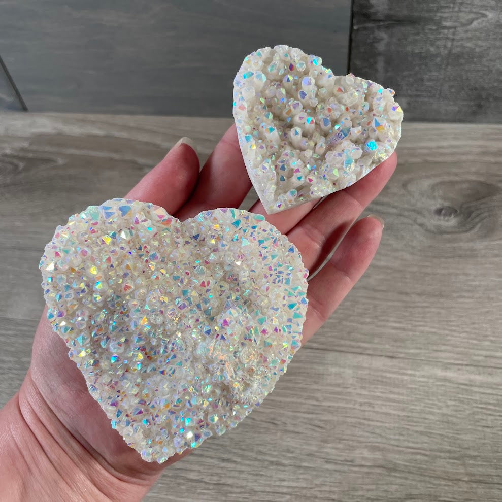 Heart shaped aura crystal cluster with rainbow iridescent finish for wholesale