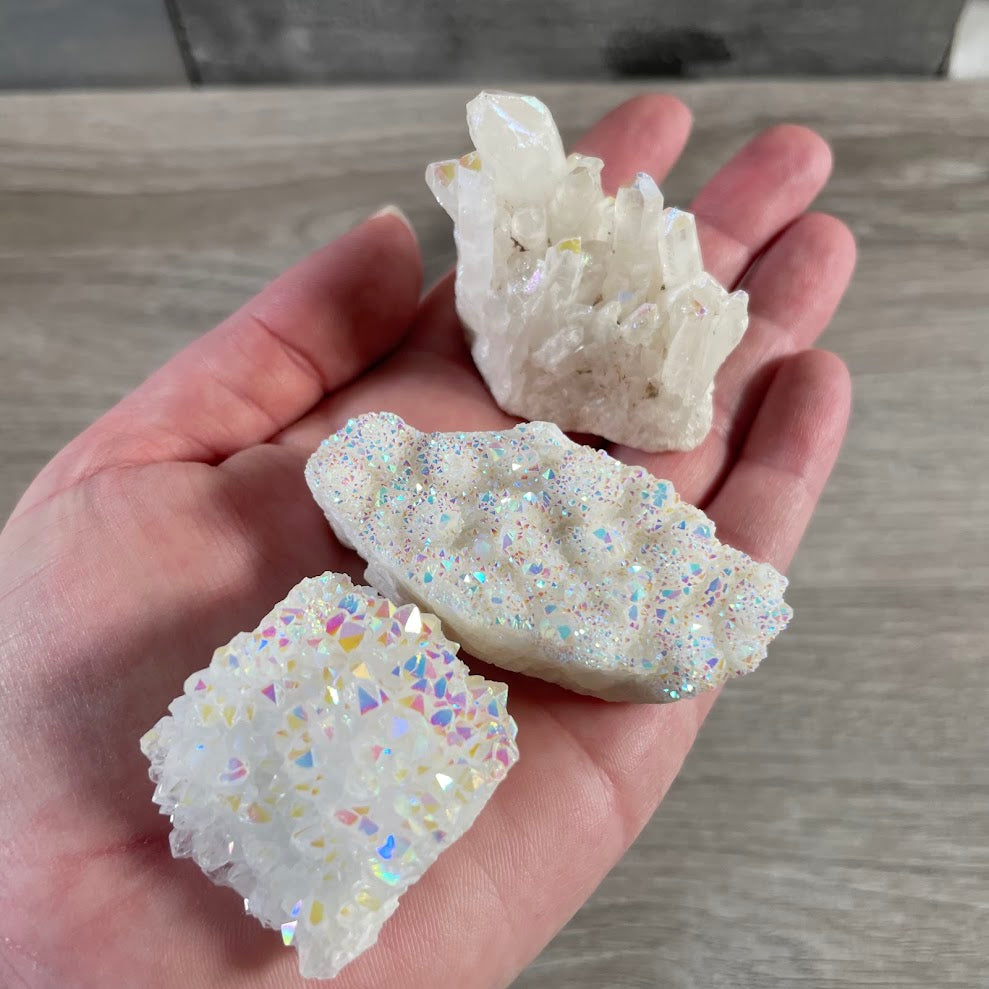 Aura coated quartz crystal specimen for crystal collectors and shops
