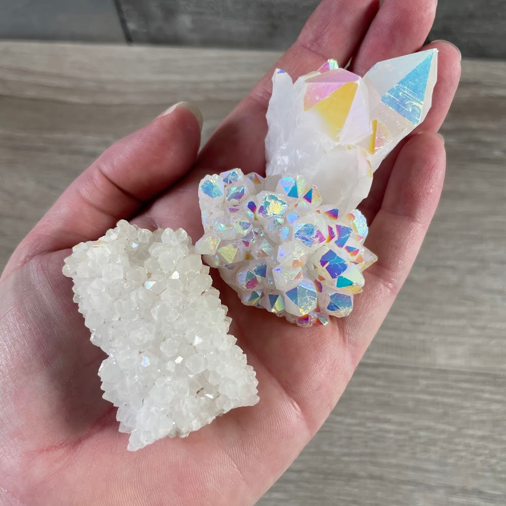 Rainbow aura quartz cluster for crystal shops and metaphysical stores