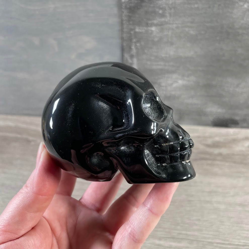 Black obsidian skull carving for crystal shop display