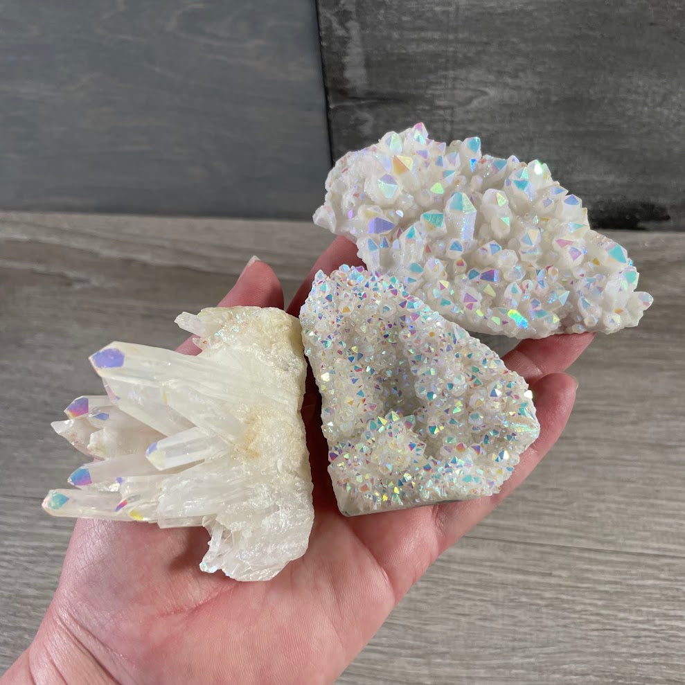 Iridescent aura quartz crystal cluster for gift shops and boutiques