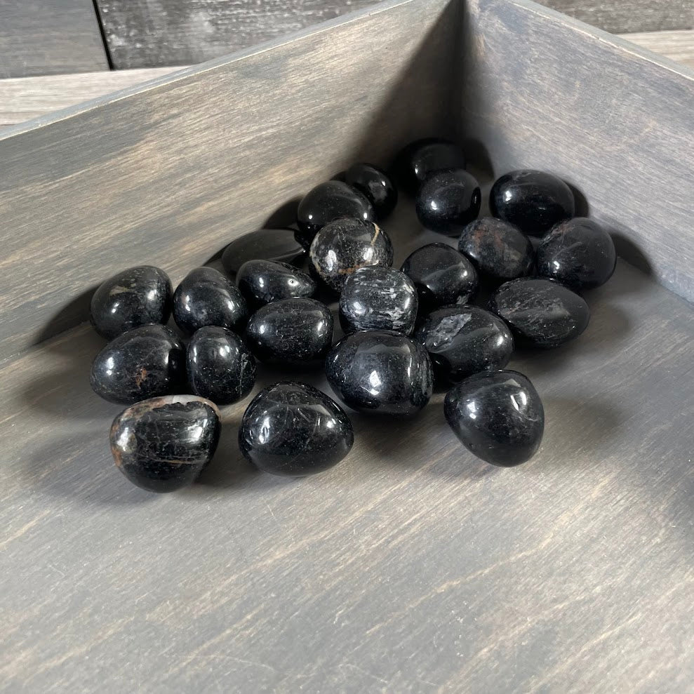 Polished black tourmaline gemstones for pocket stones, altar supplies, and crystal inventory