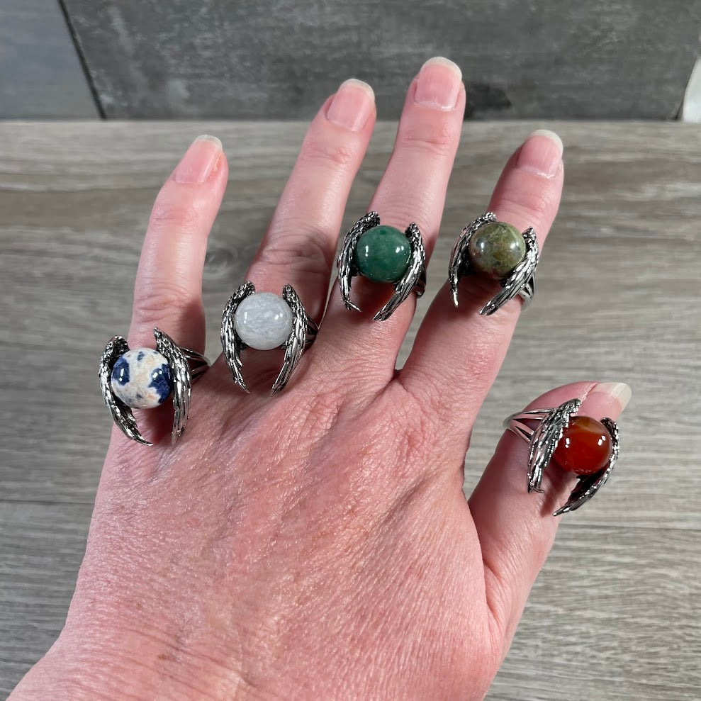 gemstone angel wing adjustable size rings for spiritual shops