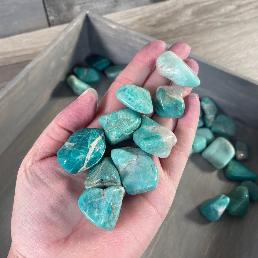 Natural Amazonite tumbled stones in a 1 pound wholesale bulk lot of polished blue-green crystals