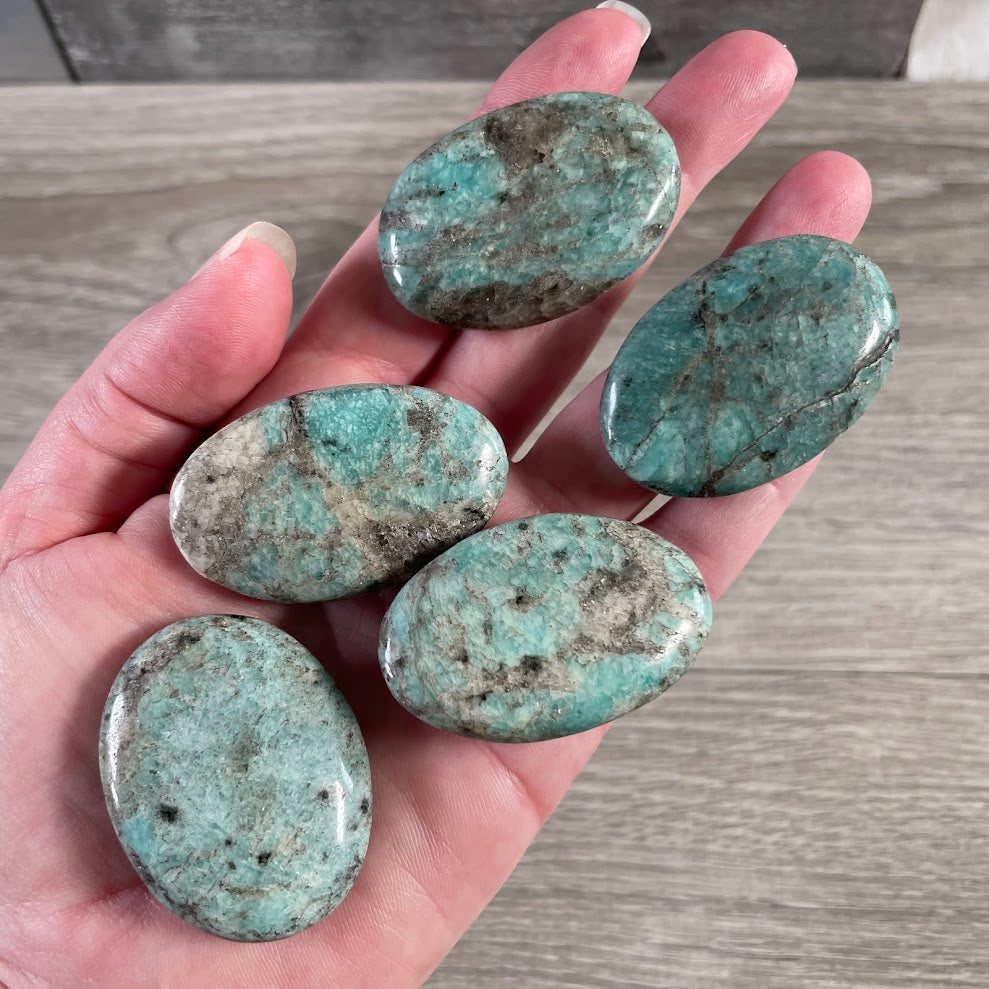 Amazonite Afghanistan crystal palm stones with polished finish and unique natural variations