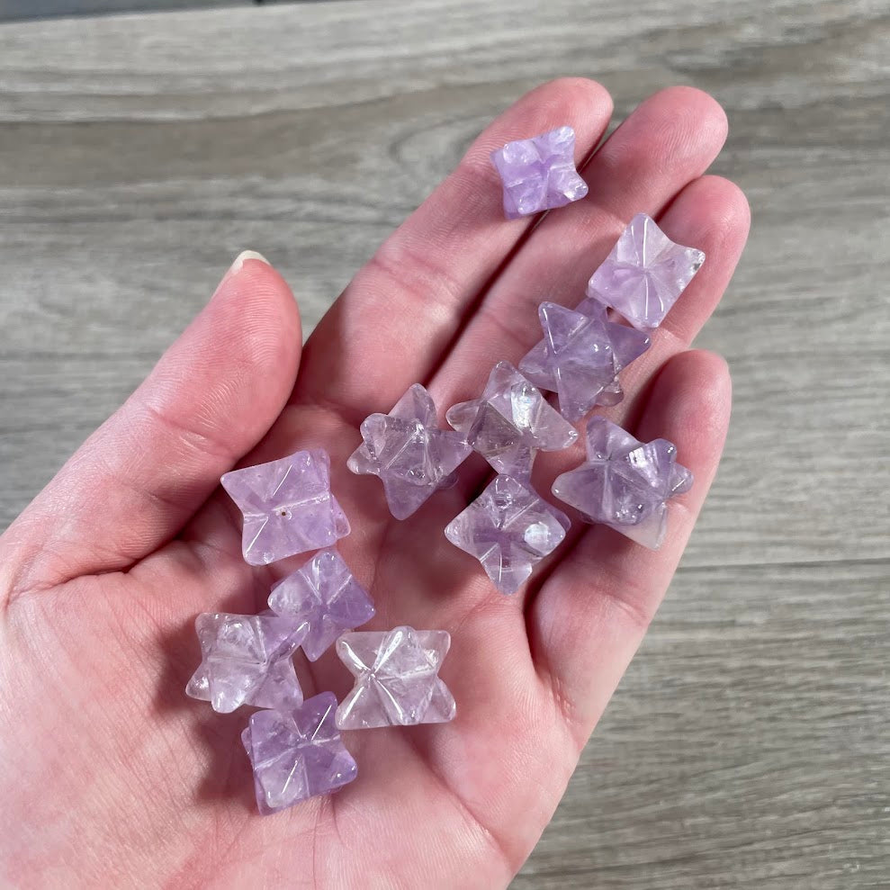 Amethyst Brazilian gemstone Merkaba star crystal carvings in assorted natural stone colors and patterns