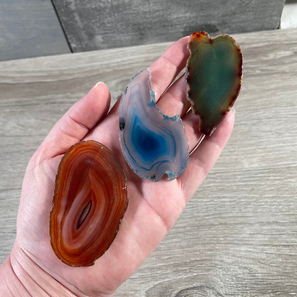Assorted polished agate slices with natural patterns and edges